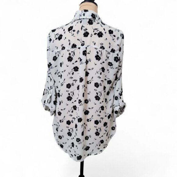 BCX Size L White with Black Floral Print Button Front Blouse, Exc. Used Cond. - Picture 7 of 15